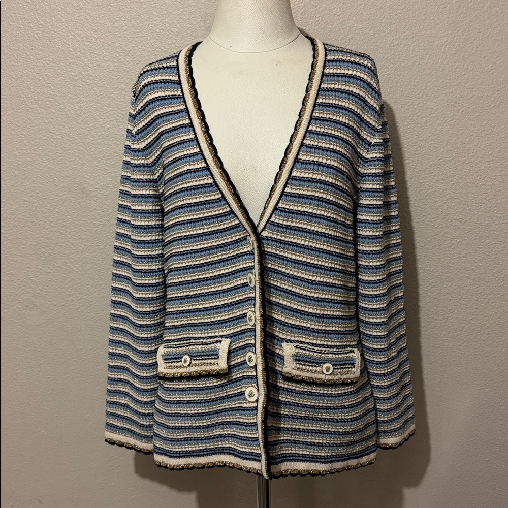 Veronica Beard Ceriani Knit in Navy Multi Metallic Scalloped Sweater Desisgner - Picture 4 of 11
